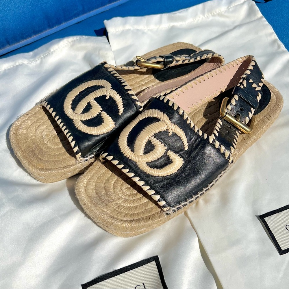 Gucci Marmont Espadrille Slide Sandals with GG & Gold Buckle Size 36 - Picture 2 of 10